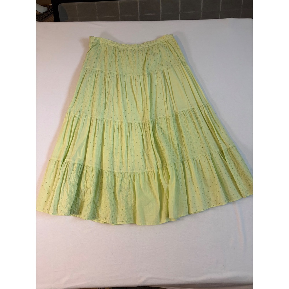 Christopher & Banks Lime Green Cotton Embroidered Tiered Maxi Skirt Size L 1397